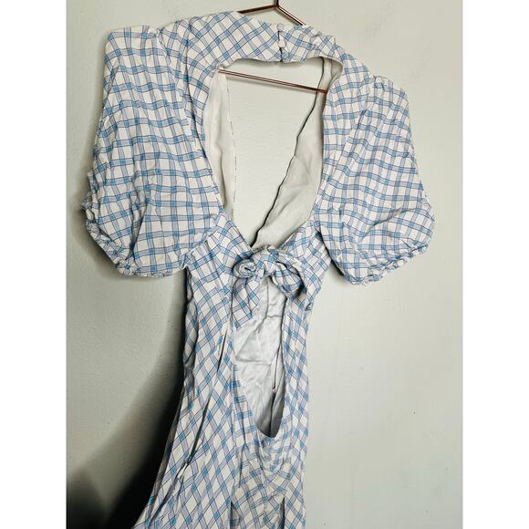 RIXO Blue White Checkered Steph Crepe Tie Back Puff Sleeves Midi Dress Size 10 - Picture 9 of 13